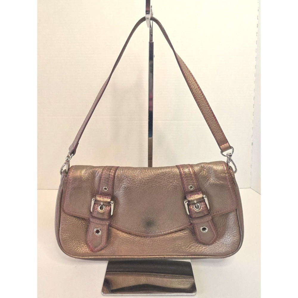 Y2K Wilsons Leather Shoulder Bag Metallic Bronze Pink Stitch Buckle Rmvbl Strap